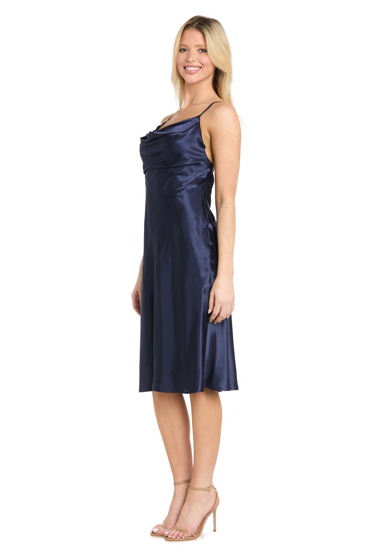 Cowl Neck Midi Satin Cocktail Dress by Morgan & Co 10248 in Navy
