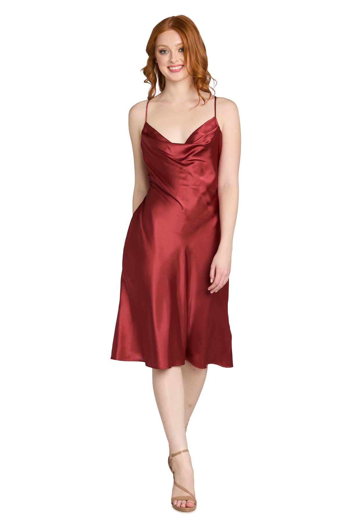 Cowl Neck Midi Satin Cocktail Dress by Morgan & Co 10248 in Spiced Ginger