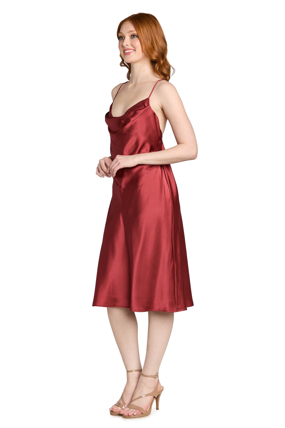 Cowl Neck Midi Satin Cocktail Dress by Morgan & Co 10248 in Spiced Ginger