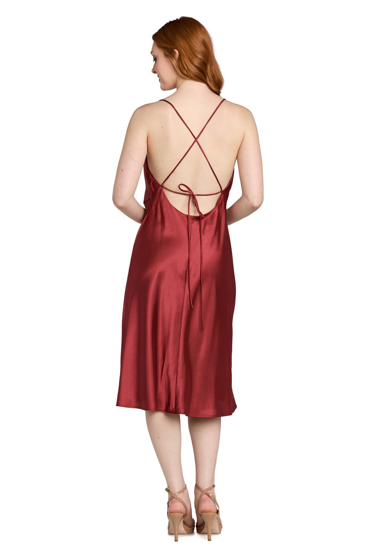 Cowl Neck Midi Satin Cocktail Dress by Morgan & Co 10248 in Spiced Ginger