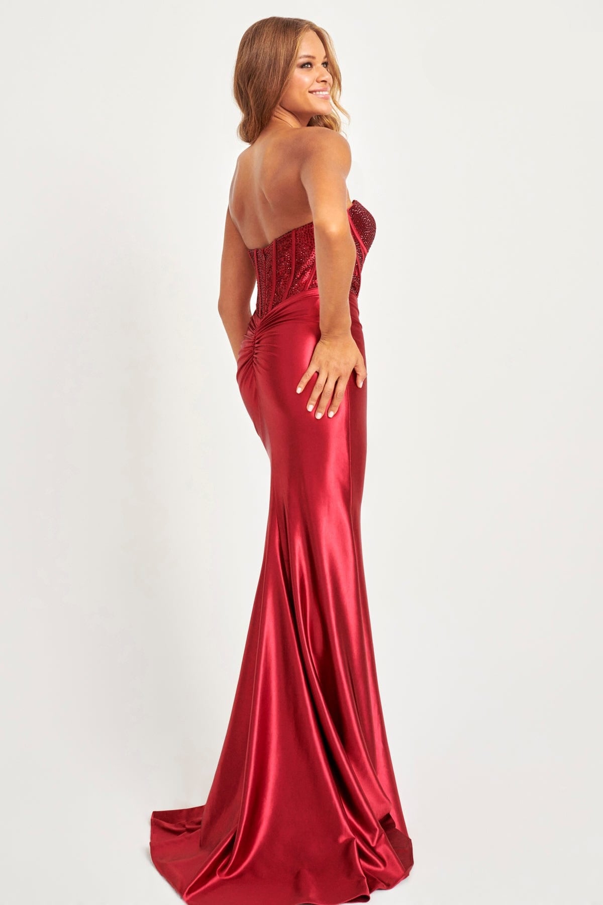 Prom Dresses Long Formal Fitted Slit Corset Prom Dress Wine