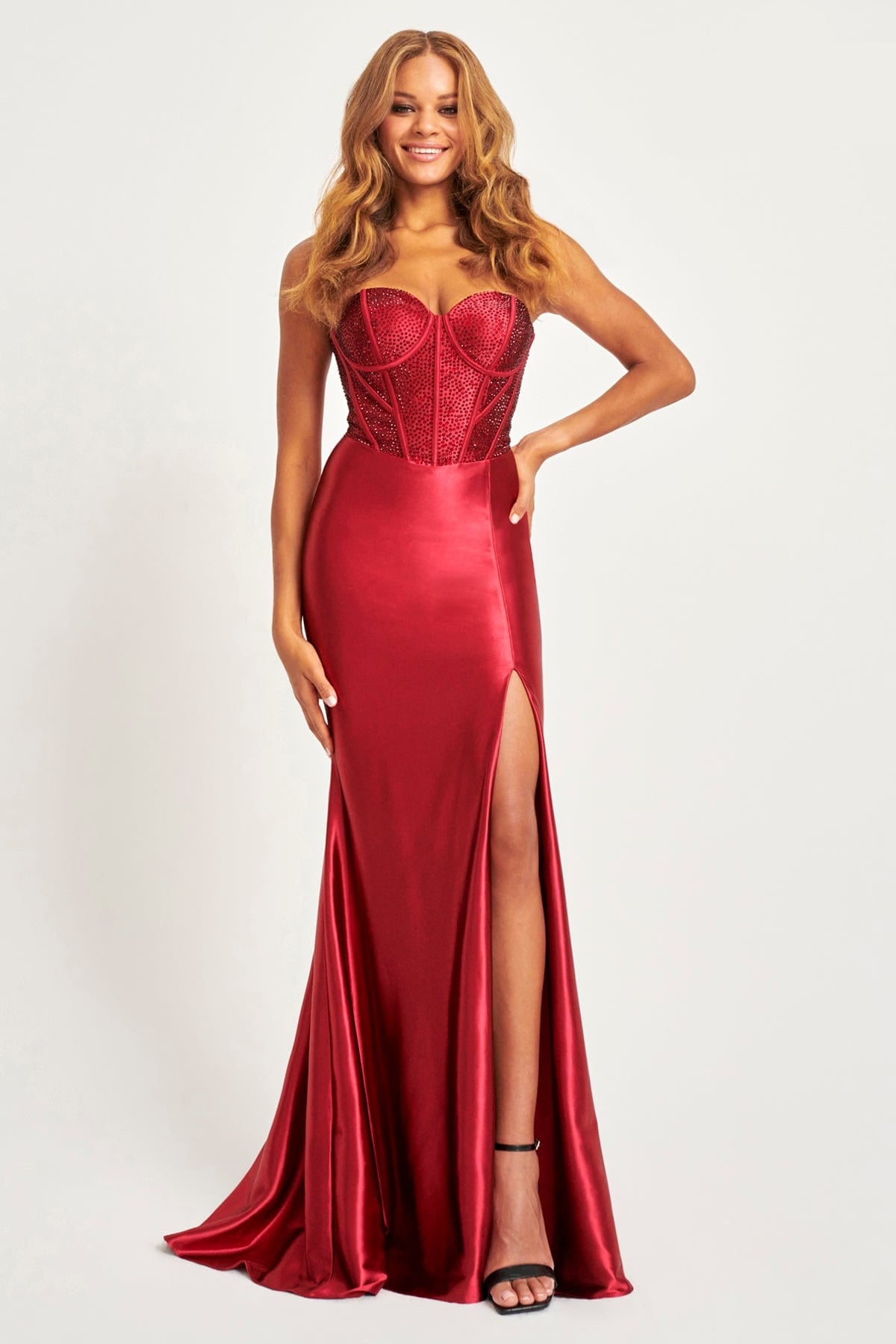 Prom Dresses Long Formal Fitted Slit Corset Prom Dress Wine