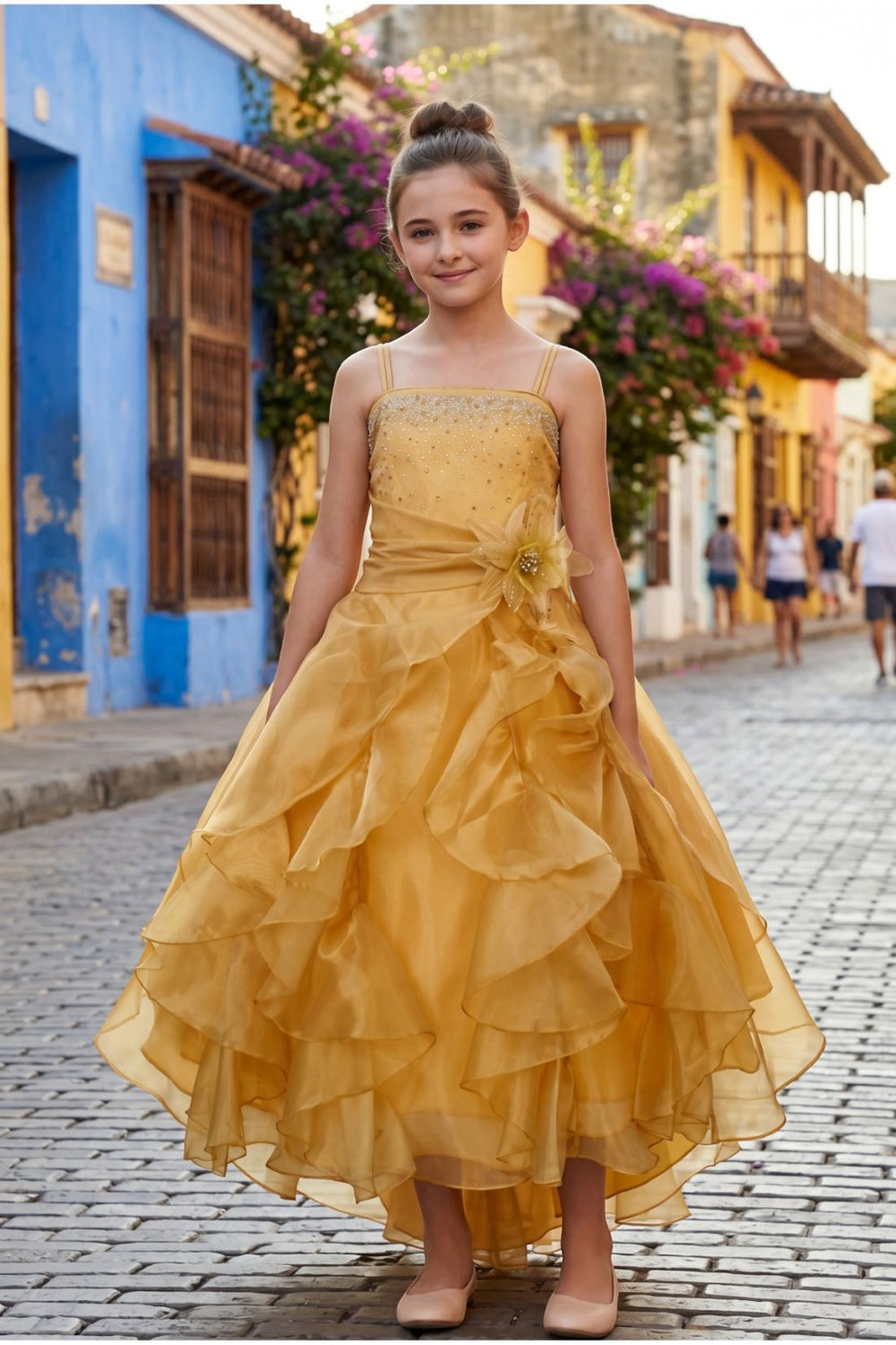 Gold Square Neck Long Organza Flower Girl Dress Cinderella Couture 40053