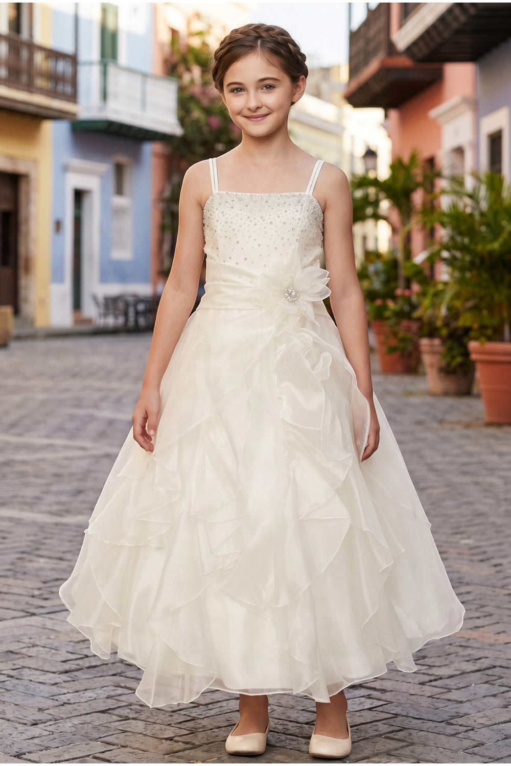 Ivory Square Neck Long Organza Flower Girl Dress Cinderella Couture 40053