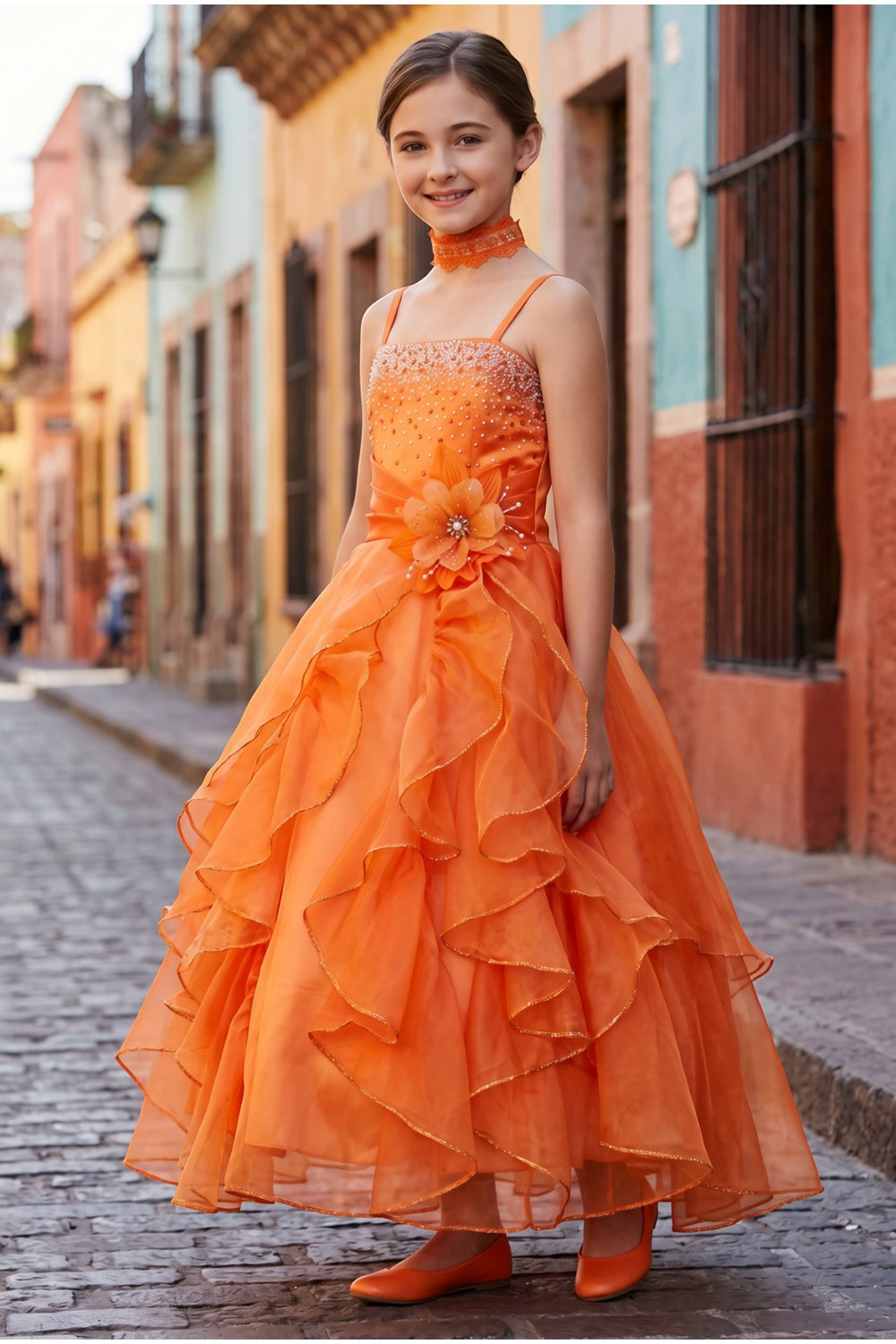 Orange Square Neck Long Organza Flower Girl Dress Cinderella Couture 40053