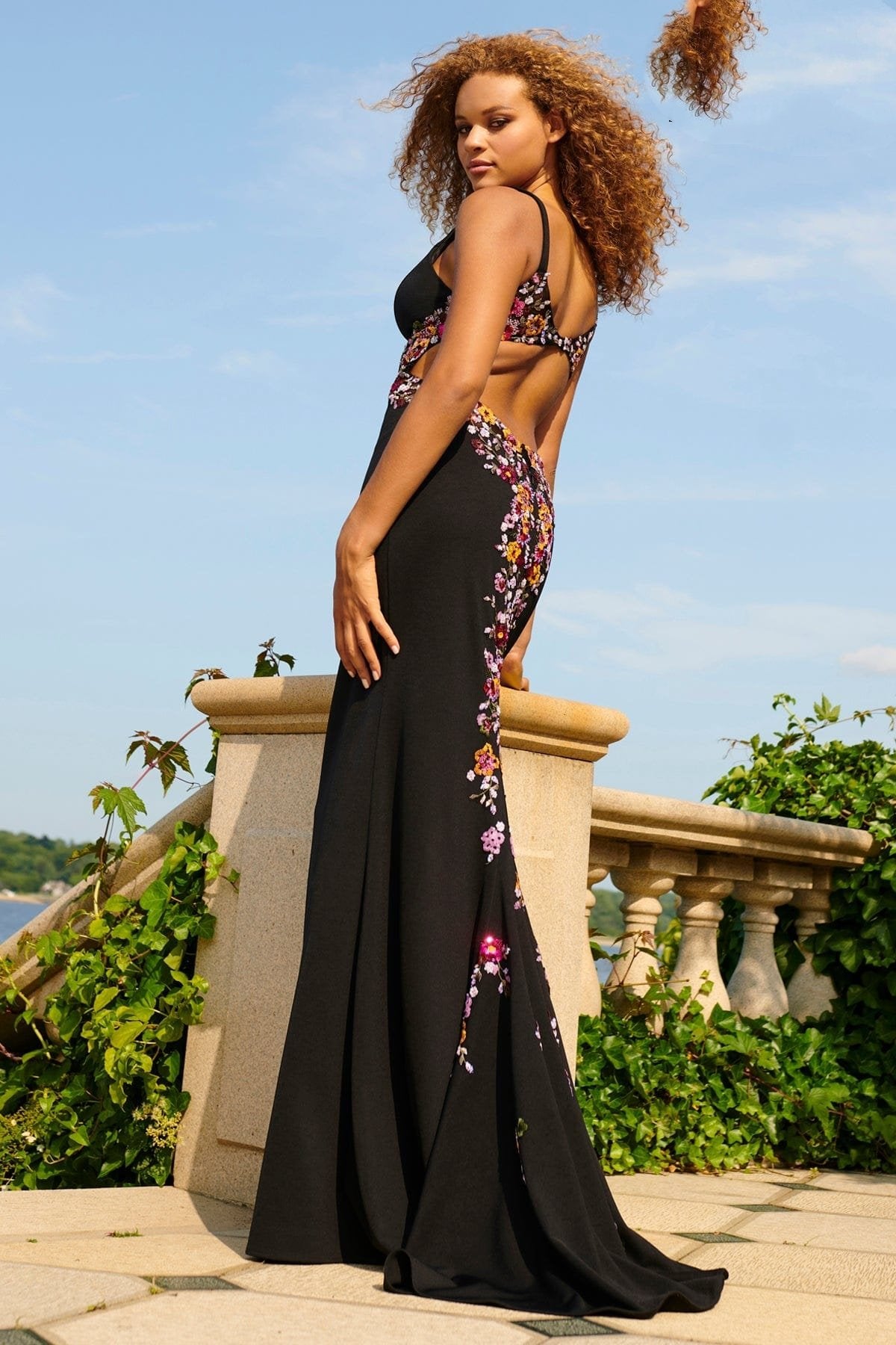 Prom Dresses Long Prom Floral Applique Formal Evening Dress Black Sunburst