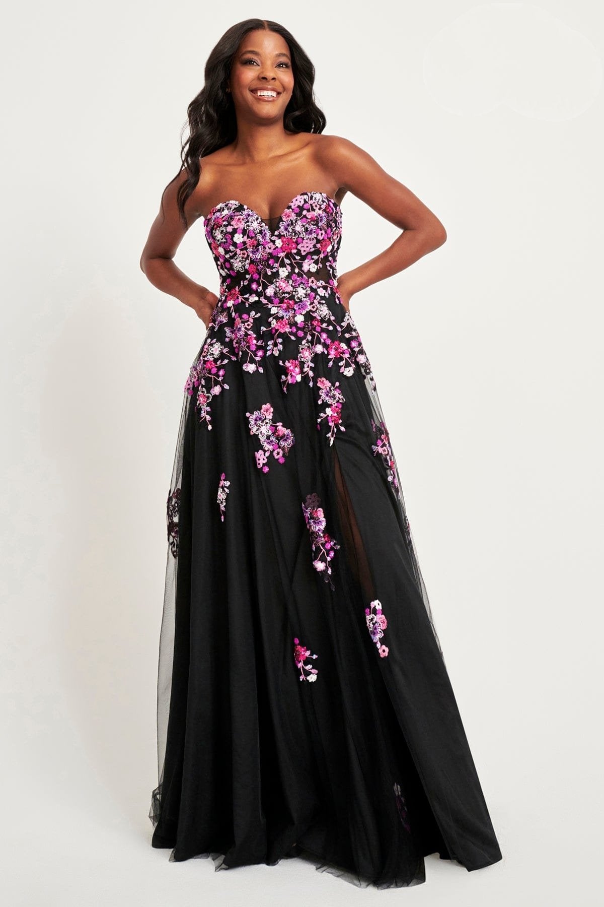 Prom Dresses A Line Long Formal Floral Applique Prom Dress Black Fuchsia