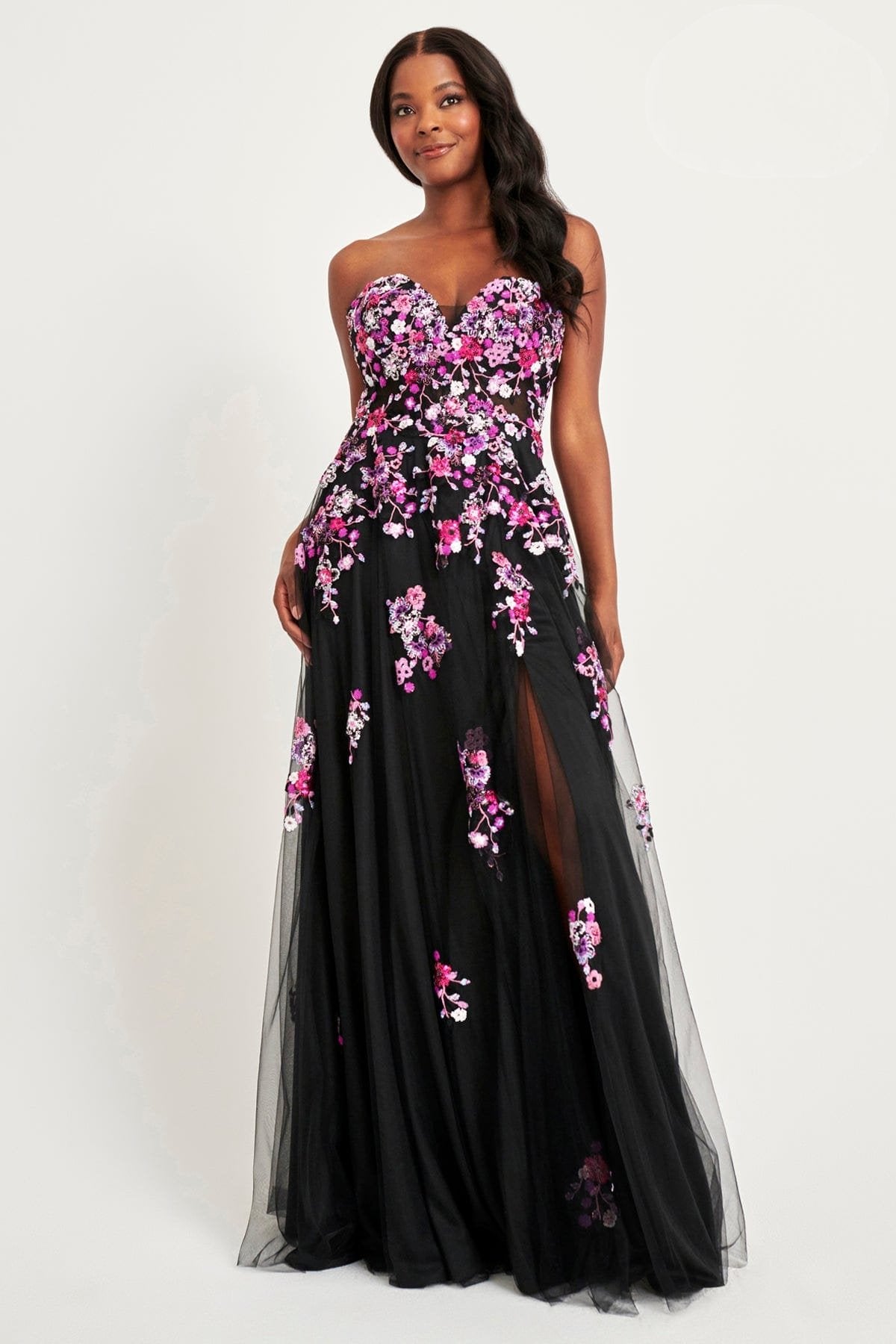 Prom Dresses A Line Long Formal Floral Applique Prom Dress Black Fuchsia