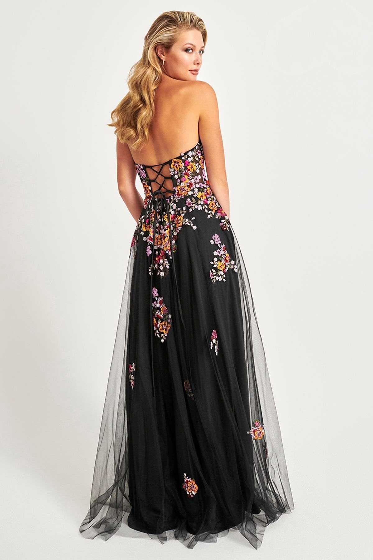 Prom Dresses A Line Long Formal Floral Applique Prom Dress Black Sunburst