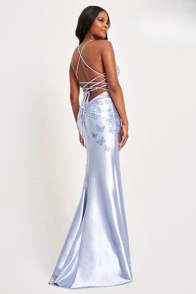 Prom Dresses Long Slit Formal Prom Lace Beaded Dress Shimmer Periwinkle
