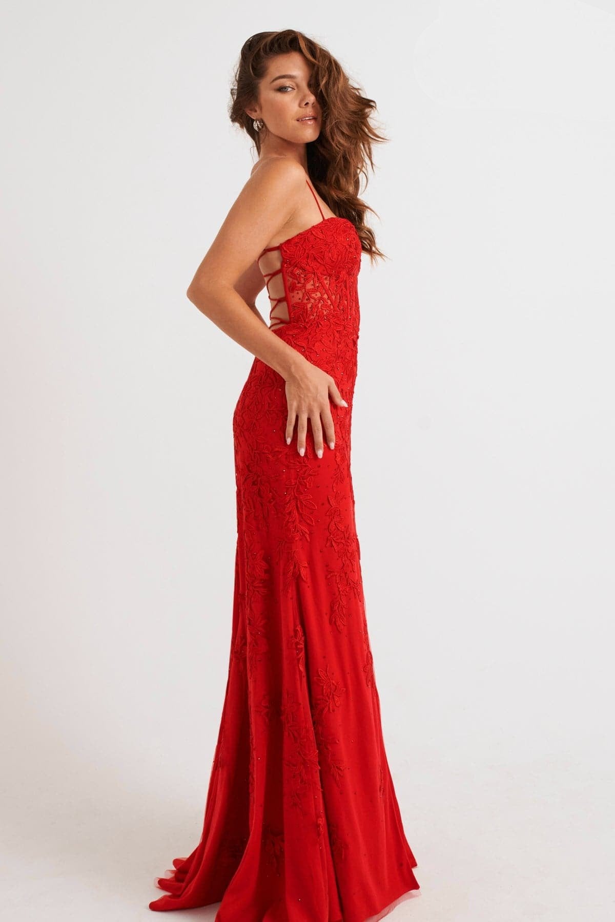 Prom Dresses Long Formal Lace Applique Prom Dress Red