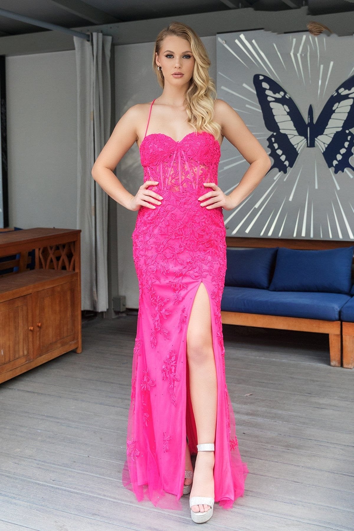 Prom Dresses Long Formal Lace Applique Prom Dress Hot Pink