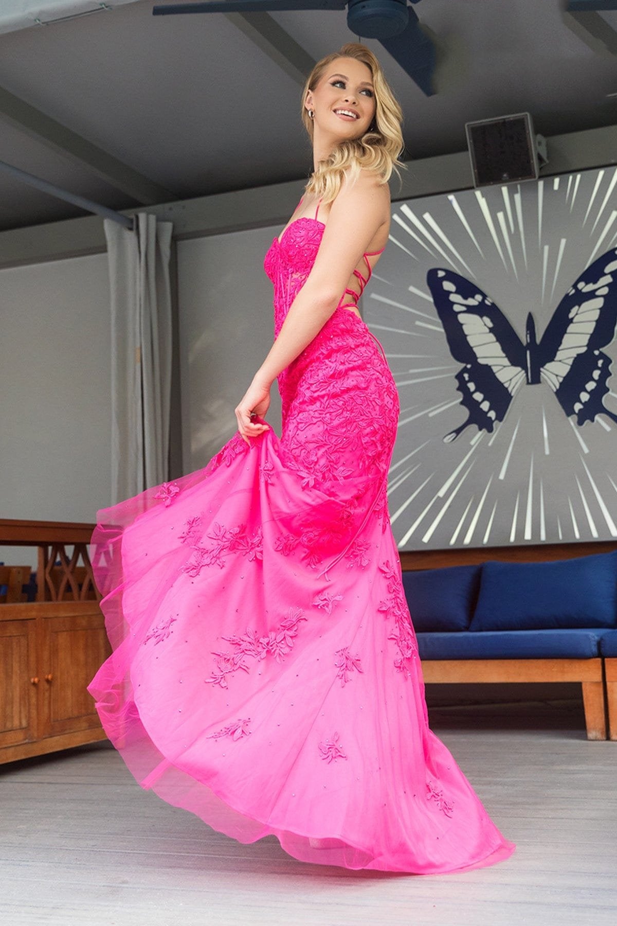 Prom Dresses Long Formal Lace Applique Prom Dress Hot Pink