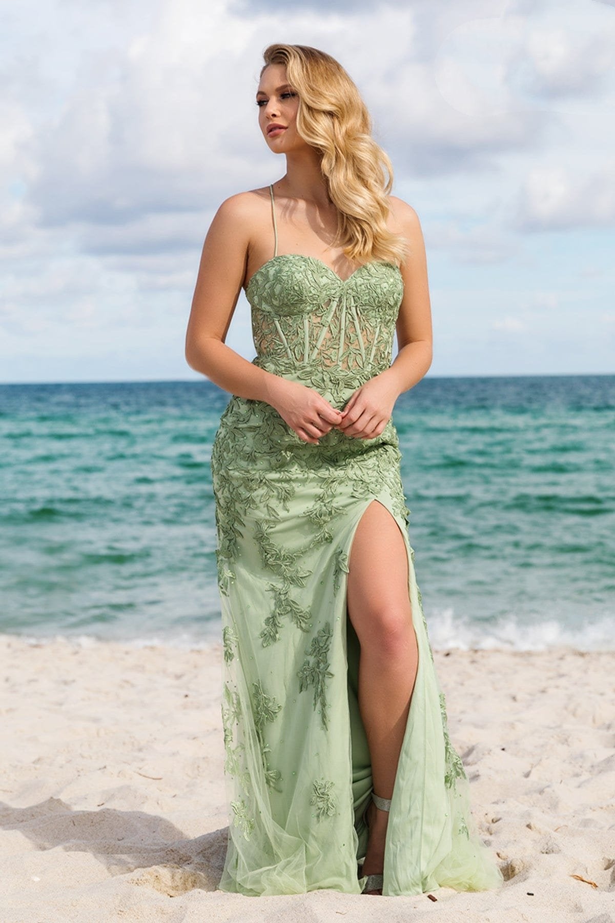 Prom Dresses Long Formal Lace Applique Prom Dress Sage