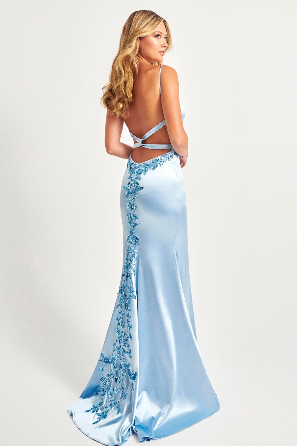 Prom Dresses Fitted Long Formal Slit Beaded Applique Prom Dress Ice Blue