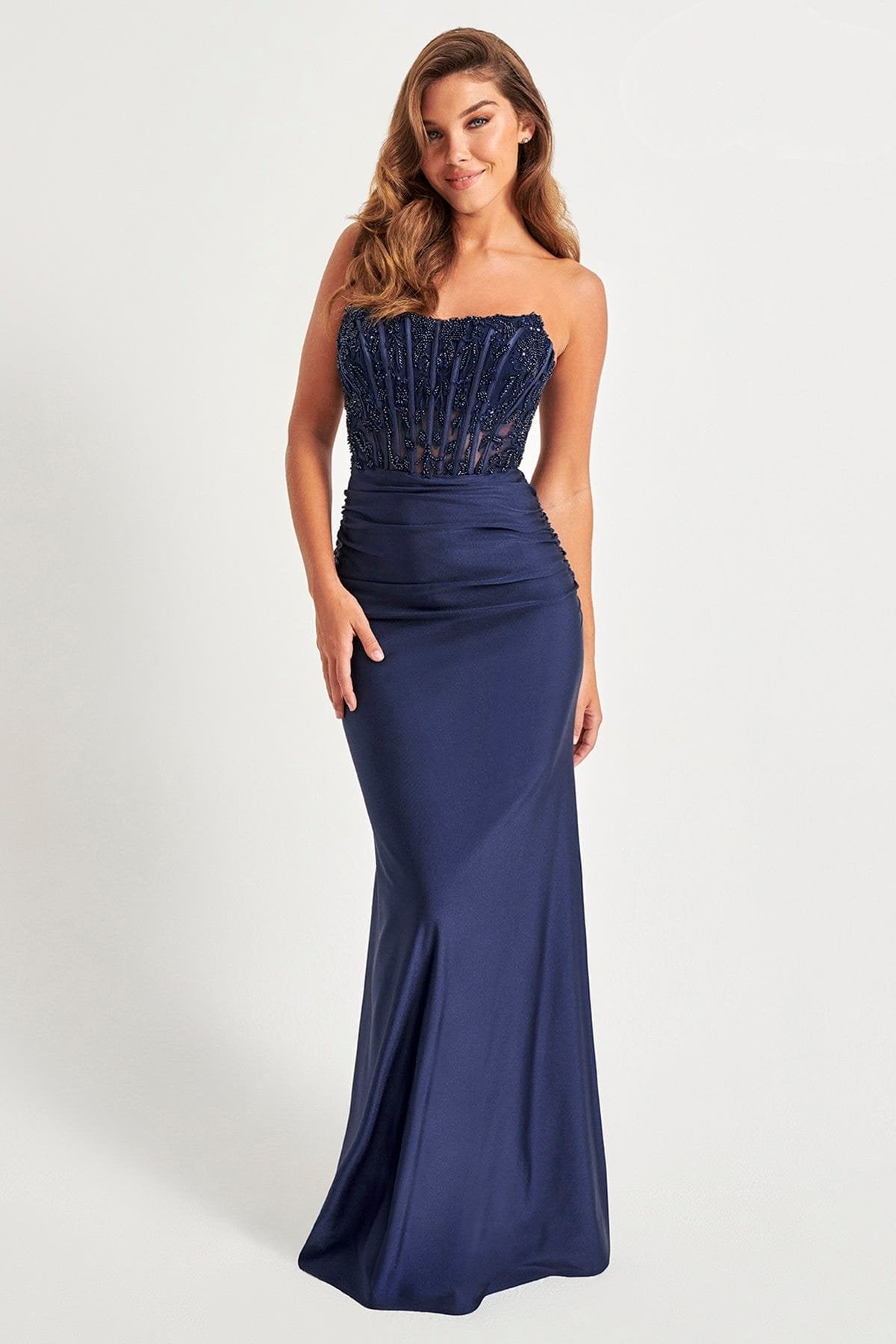 Prom Dresses Long Beaded Ruched Formal Prom Dress Dark Navy