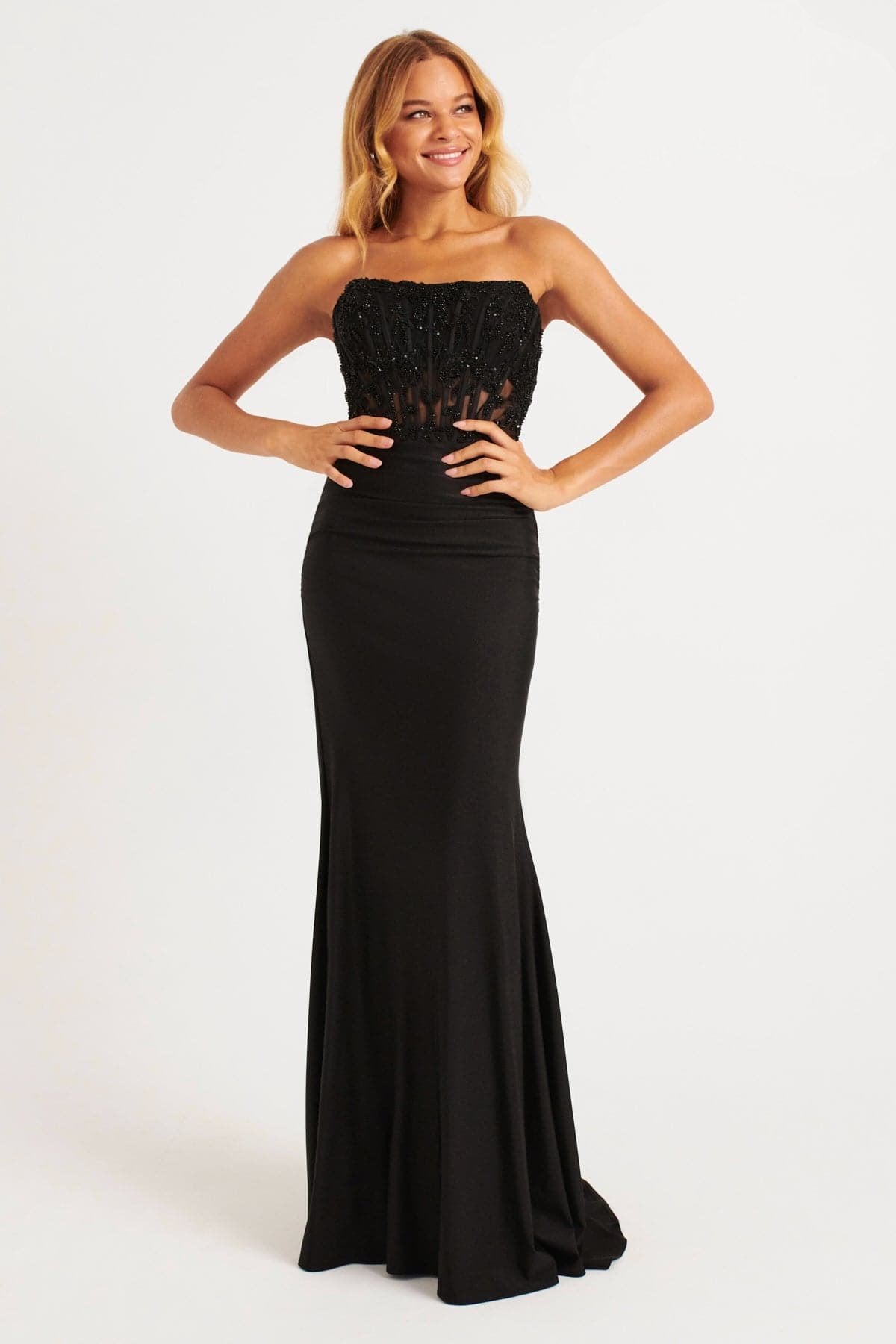 Prom Dresses Long Beaded Ruched Formal Prom Dress Black