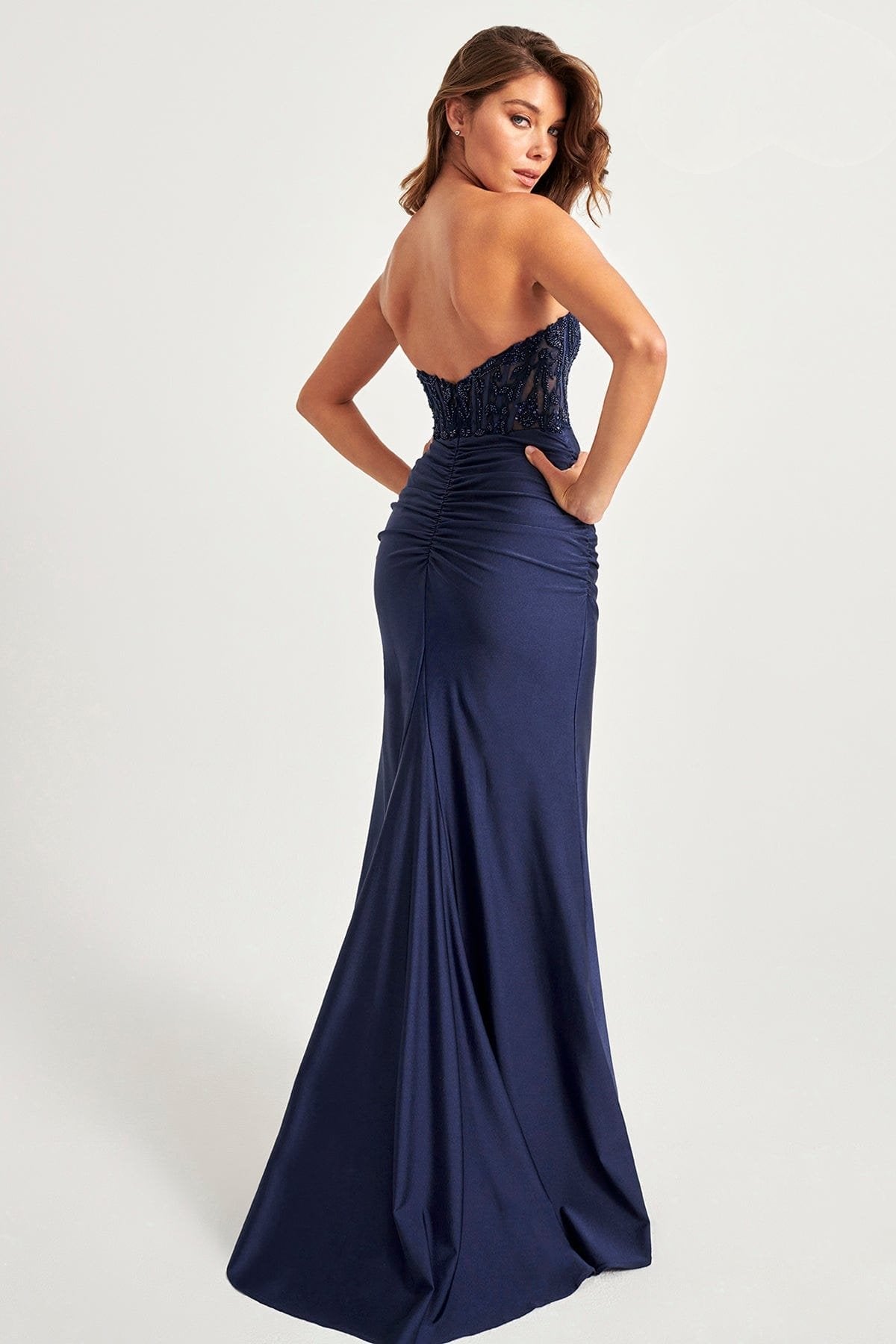 Prom Dresses Long Beaded Ruched Formal Prom Dress Dark Navy