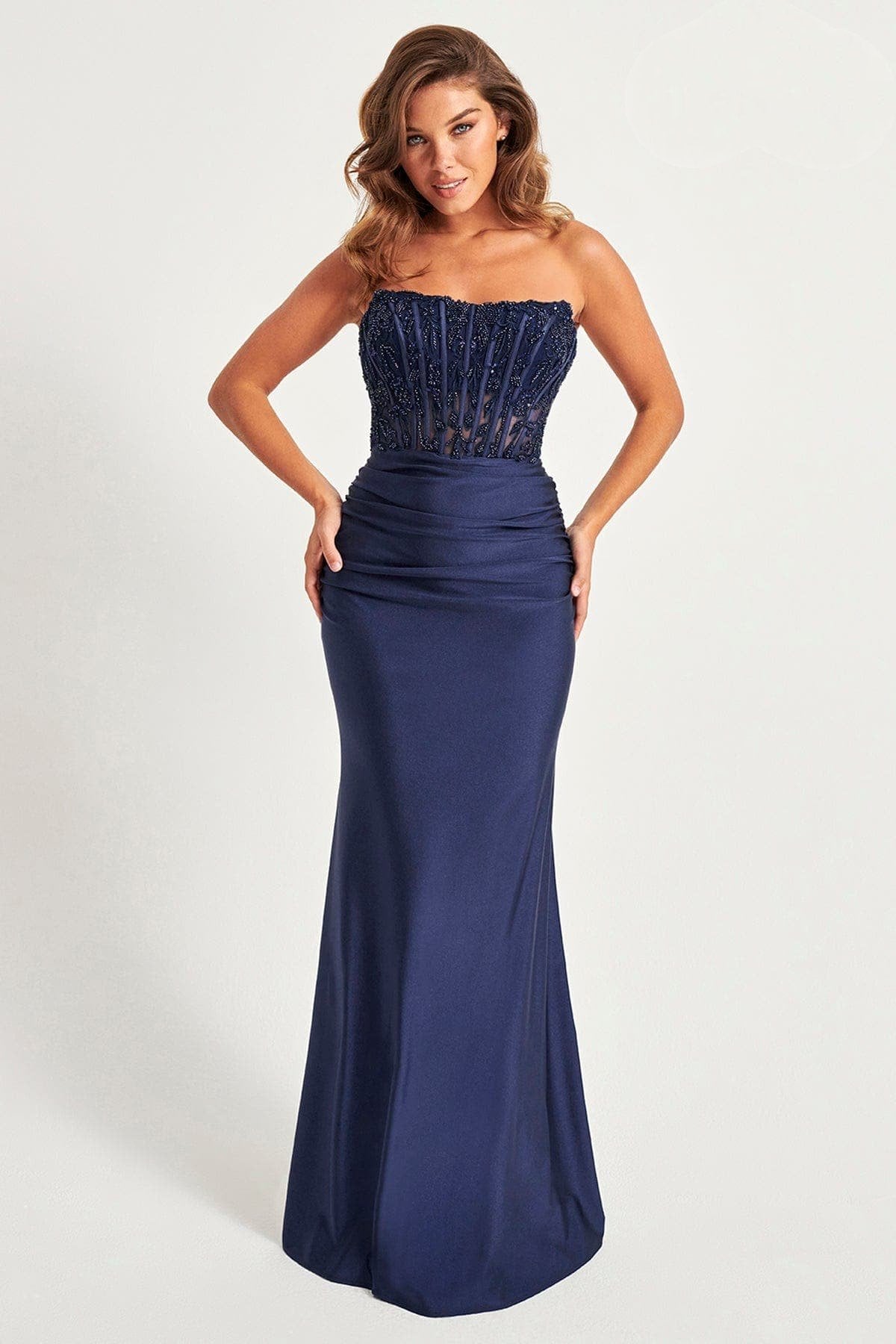 Prom Dresses Long Beaded Ruched Formal Prom Dress Dark Navy