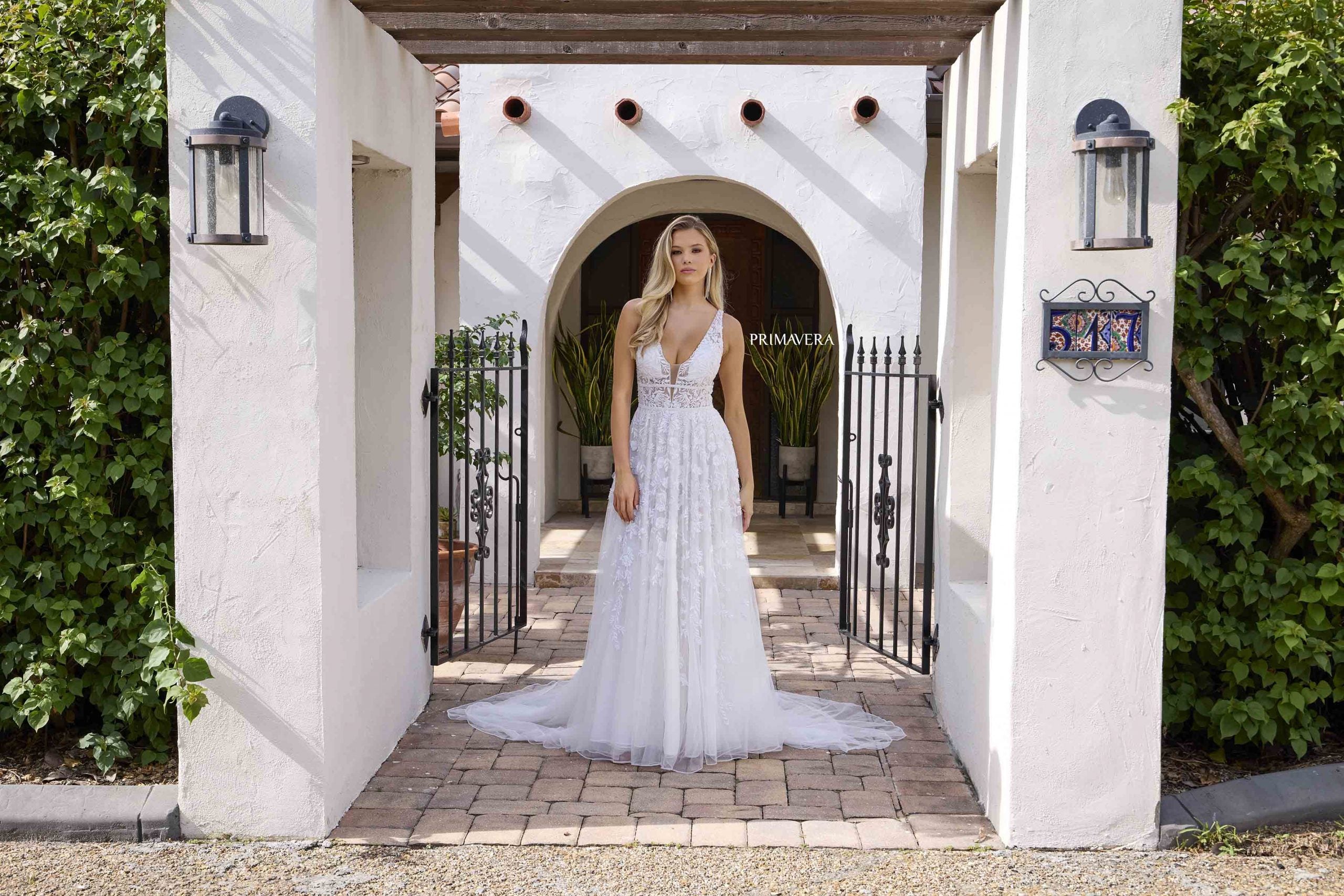 Wedding Dresses Lace A Line Beaded Long Bridal Wedding Dress Primavera Couture 11142 Ivory