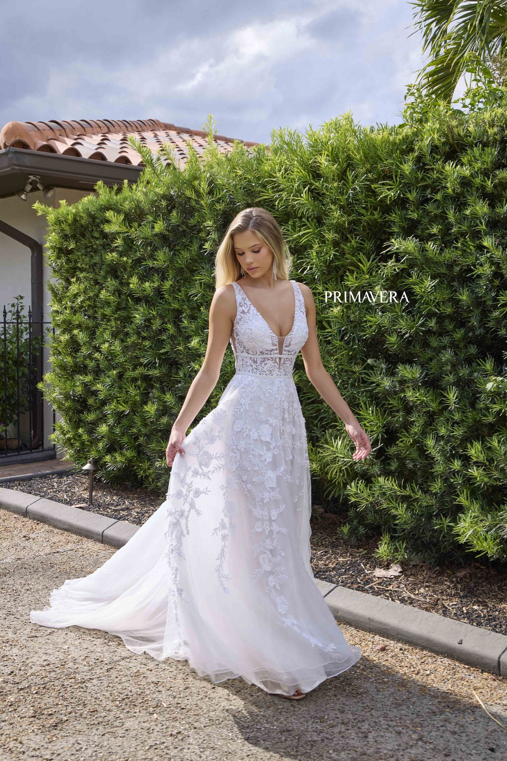 Wedding Dresses Lace A Line Beaded Long Bridal Wedding Dress Primavera Couture 11142 Ivory