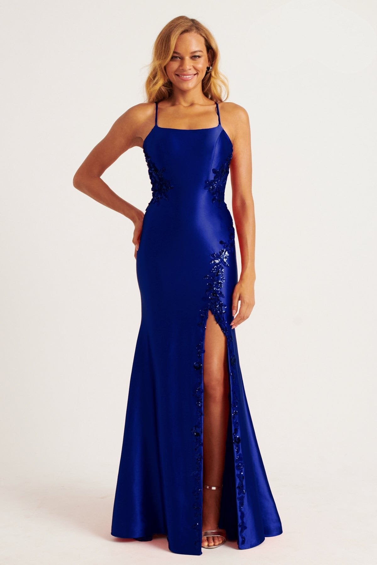 Prom Dresses Beaded Applique Long Slit Formal Prom Dress Navy