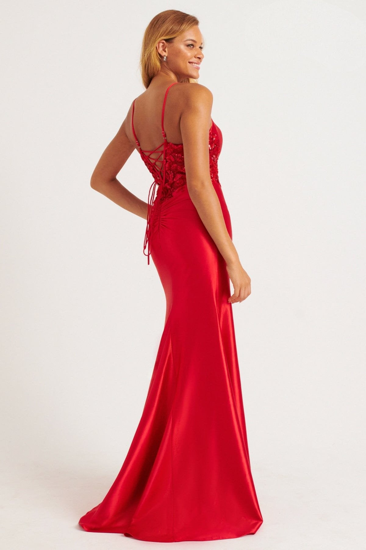 Prom Dresses Beaded Applique Long Slit Formal Prom Dress Red