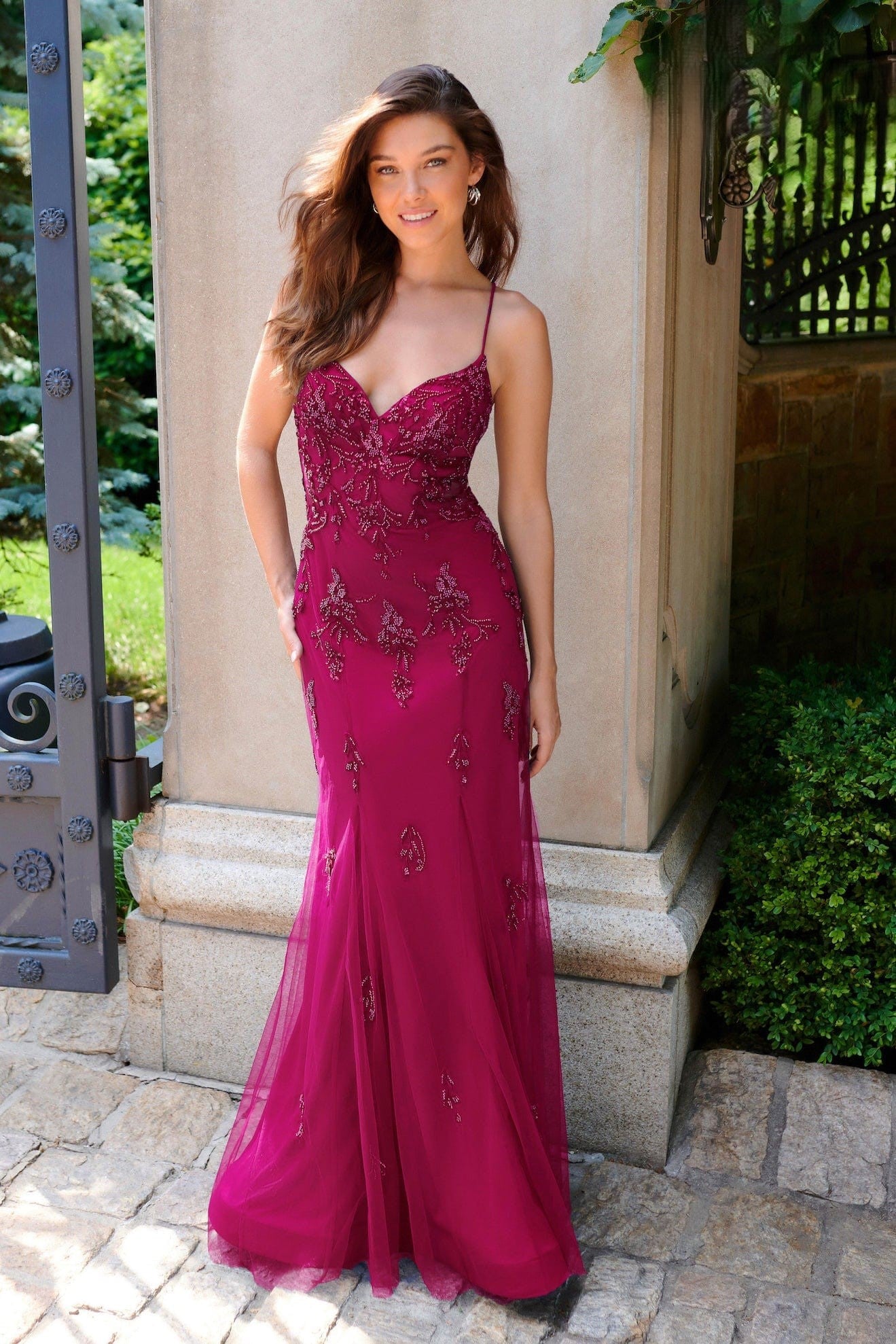Prom Dresses Long Formal Beaded Lace Prom Dress Raspberry