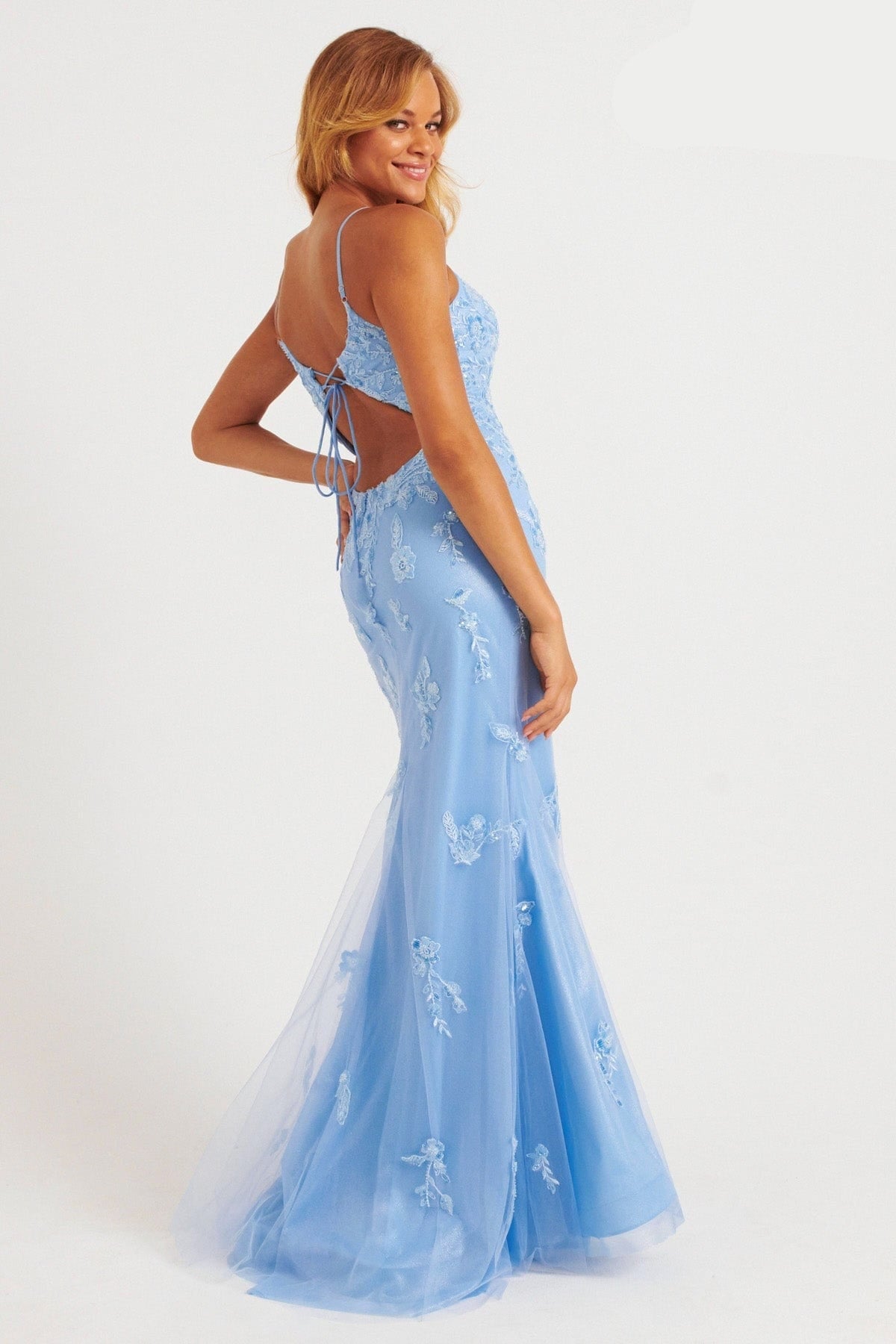 Prom Dresses Long Formal Floral Lace Slit Prom Dress Light Blue