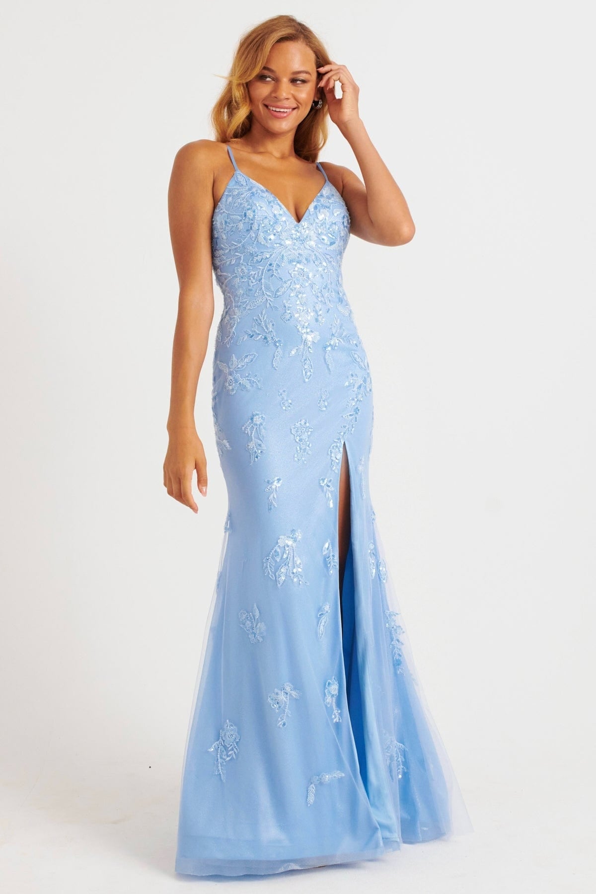Prom Dresses Long Formal Floral Lace Slit Prom Dress Light Blue
