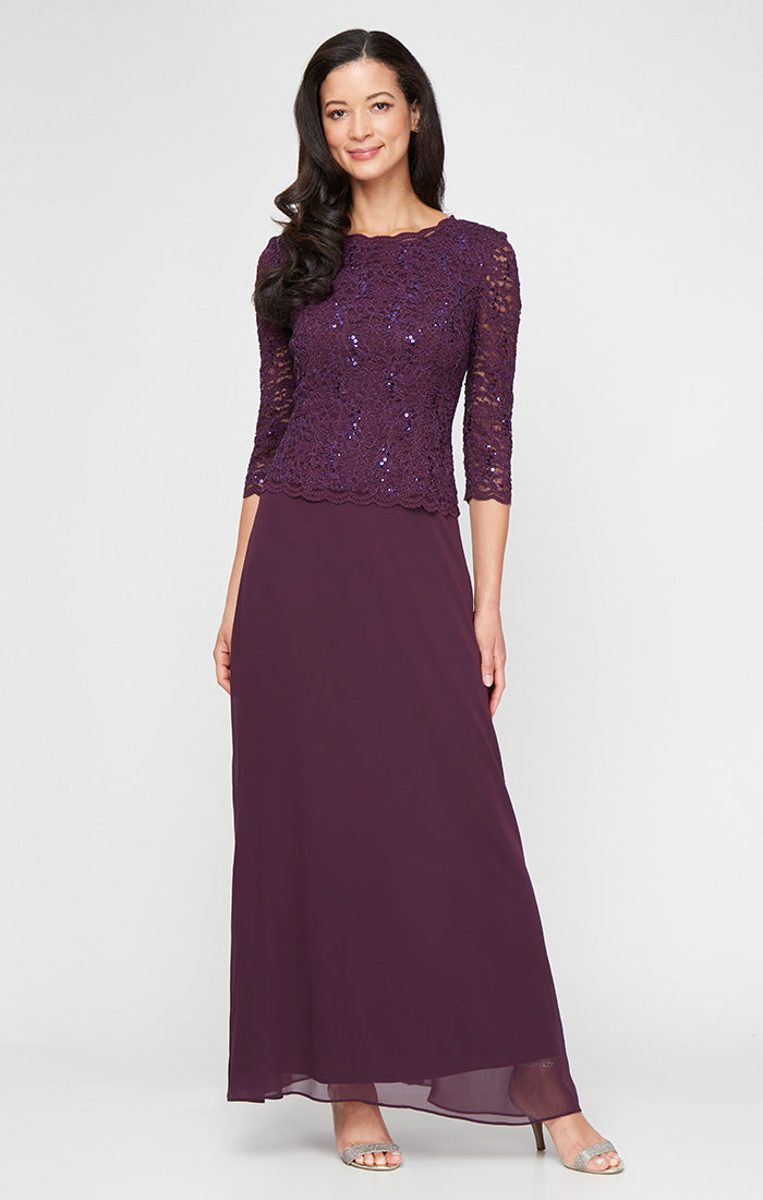 Bateau Ankle-Length Lace Mother of the Bride Dress by Alex Evenings 212318 in Deep Plum