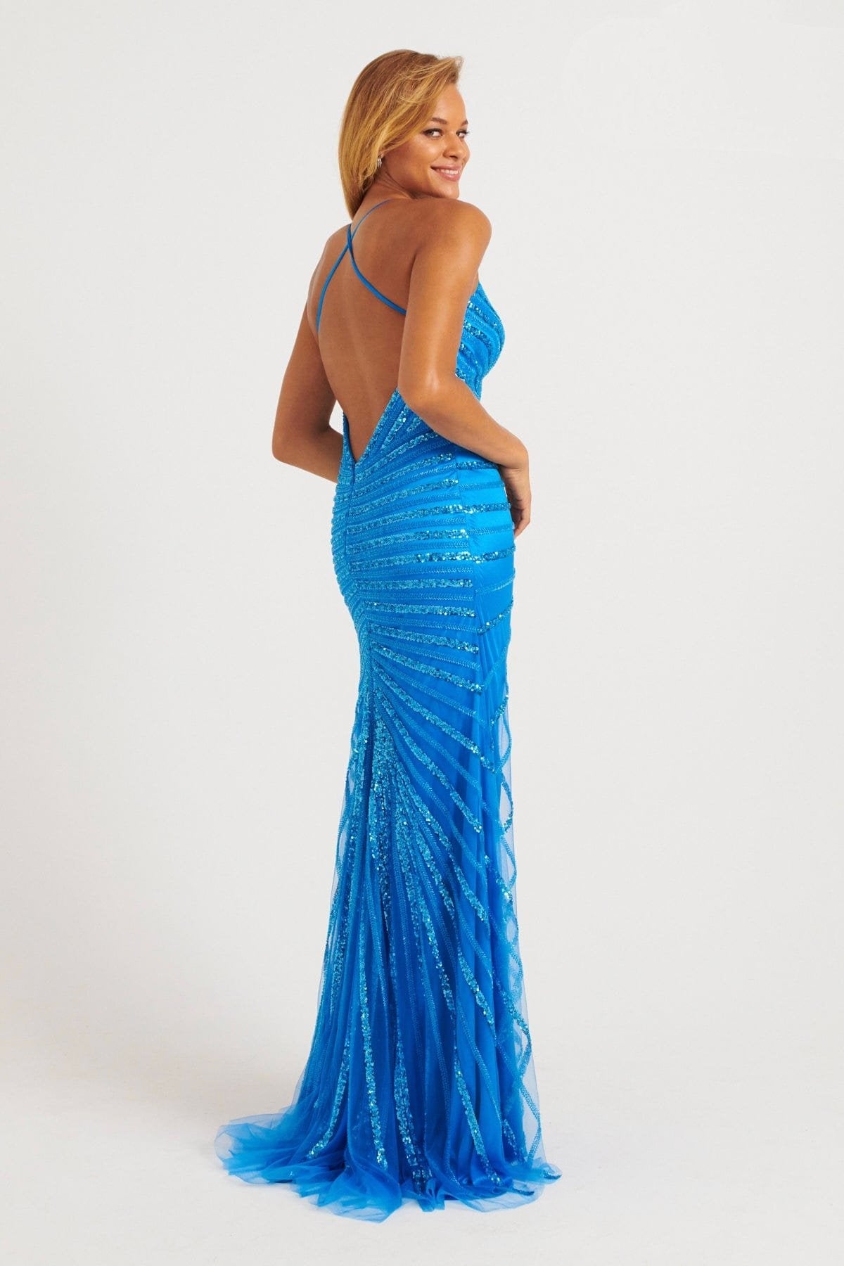 Prom Dresses Beaded Long Slit Formal Fitted Prom Dress Electric Blue