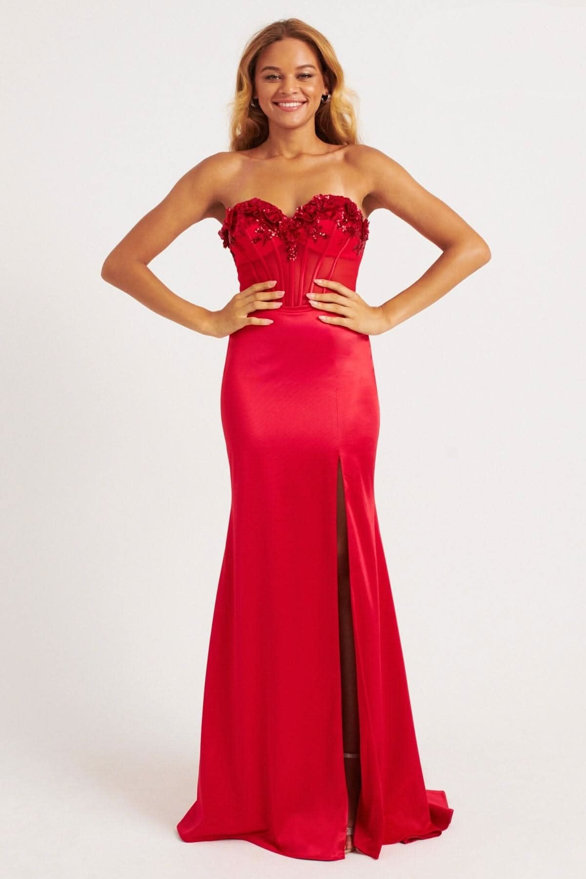 Prom Dresses Long Fitted Corset Slit Formal Prom Dress Red