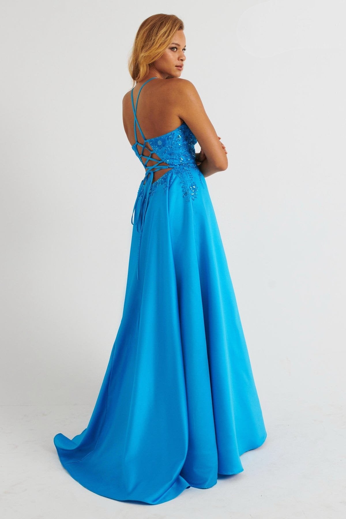 Prom Dresses Beaded Long Ball Gown Lace Prom Dress Aqua