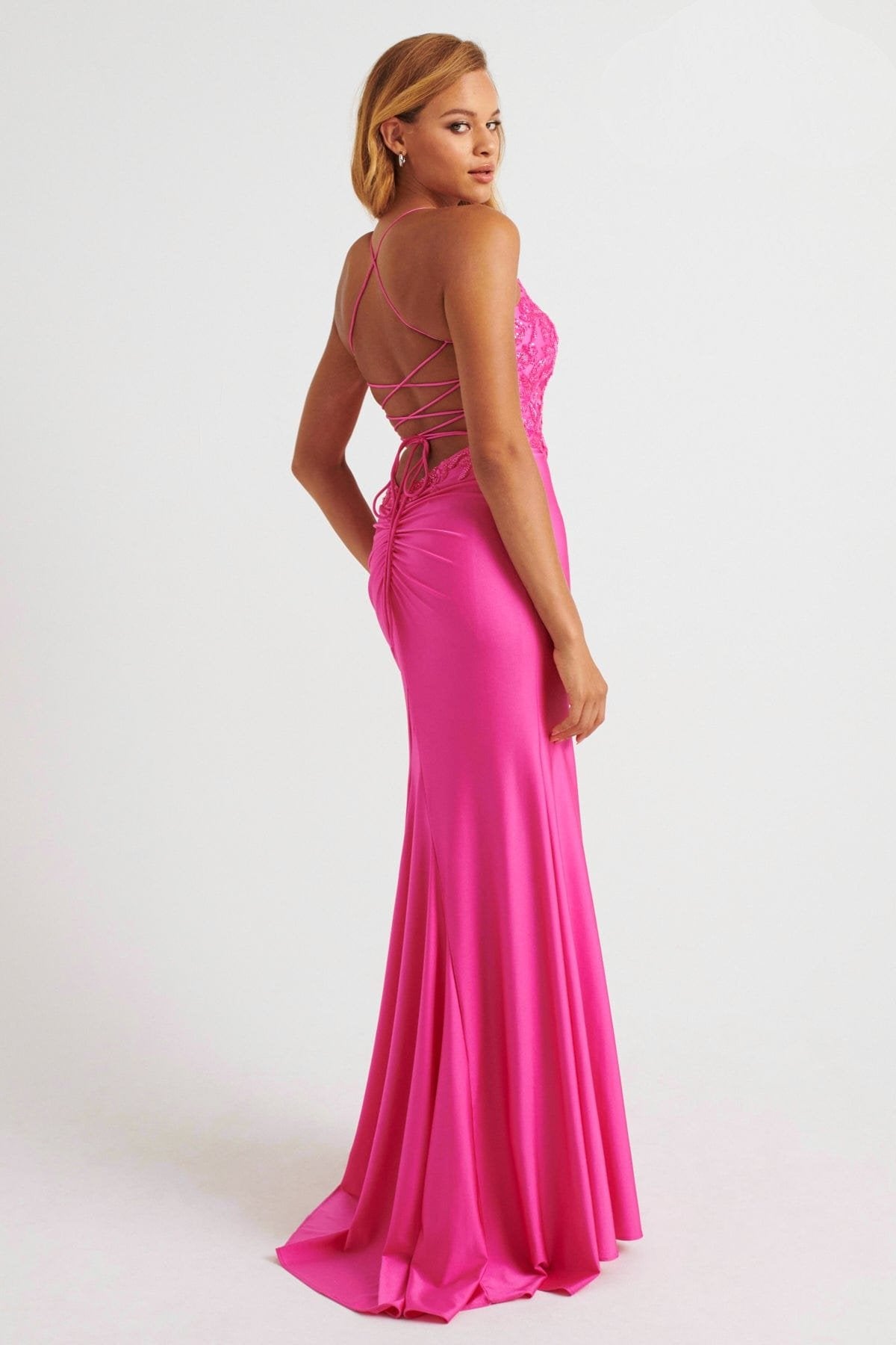 Prom Dresses Long Fitted Formal Beaded Slit Prom Dress Bubblegum Pink
