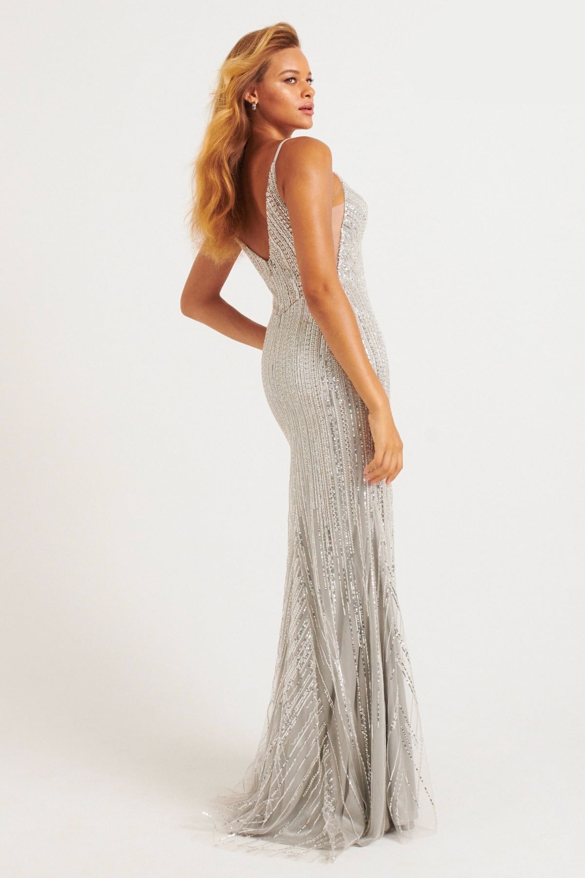 Prom Dresses Prom Slit Long Beaded Formal Evening Dress Silver