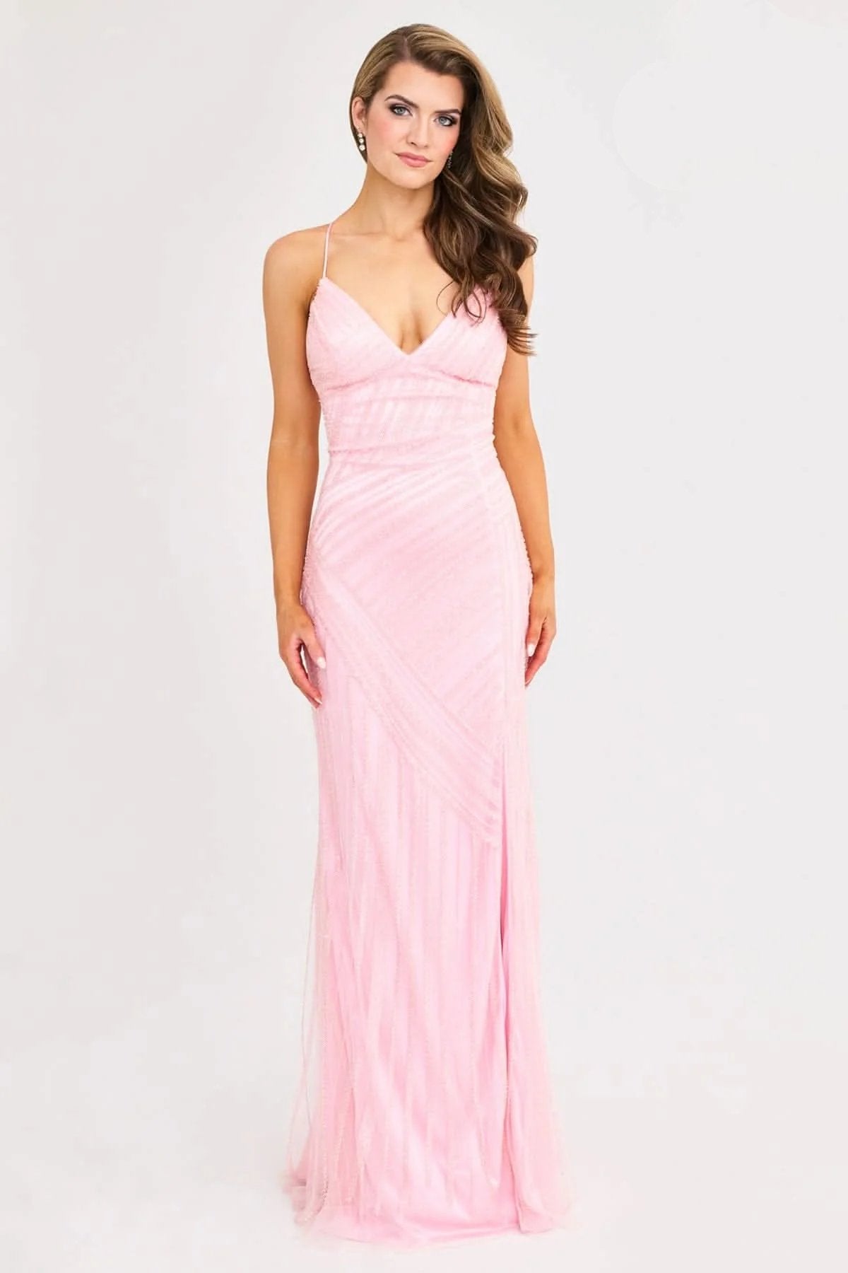 Prom Dresses Beaded Slit Long Formal Fitted Prom Dress Light Pink