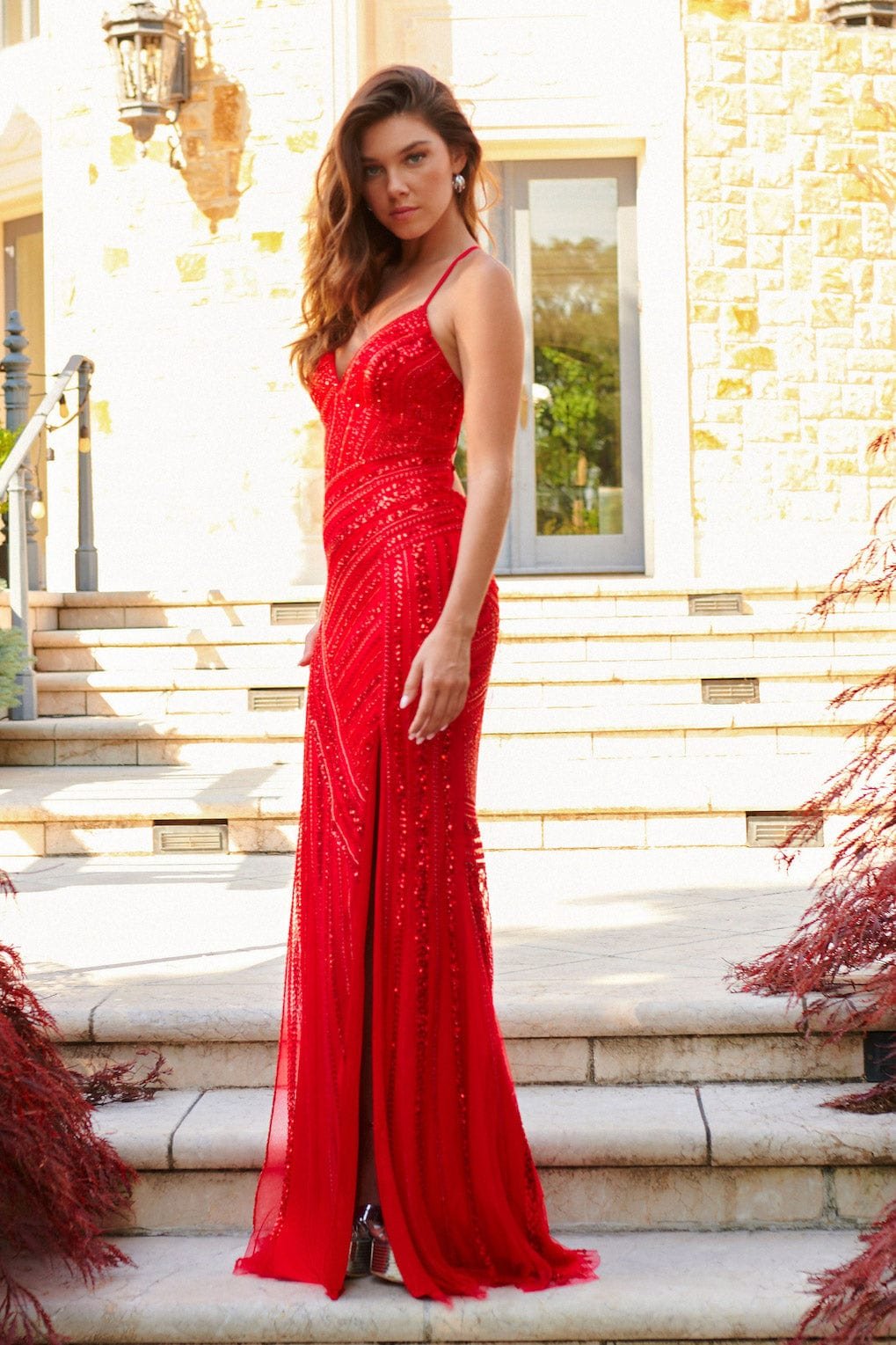 Prom Dresses Beaded Slit Long Formal Fitted Prom Dress Red