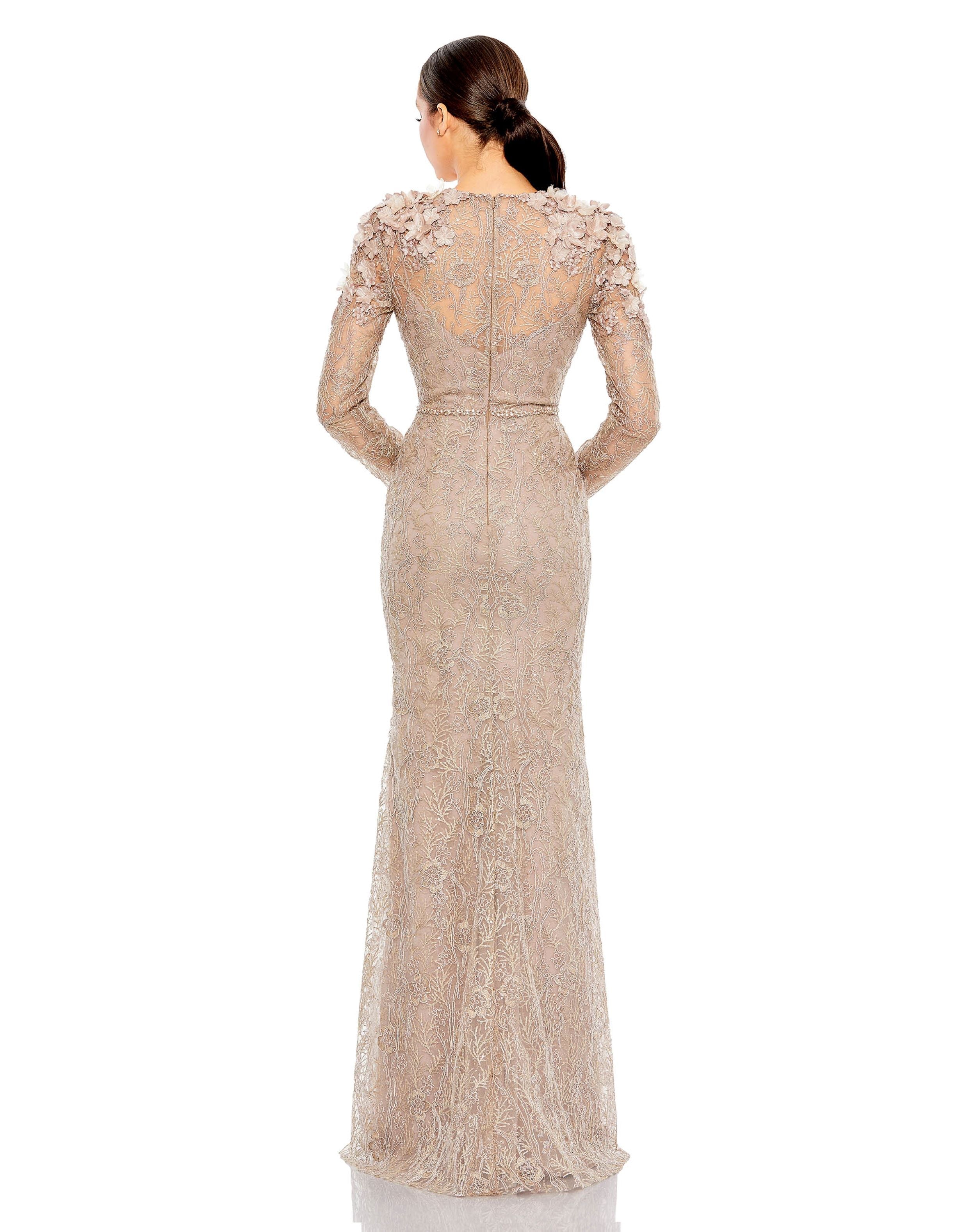 Formal Dresses Formal Prom Long Sleeve Floral Dress Taupe