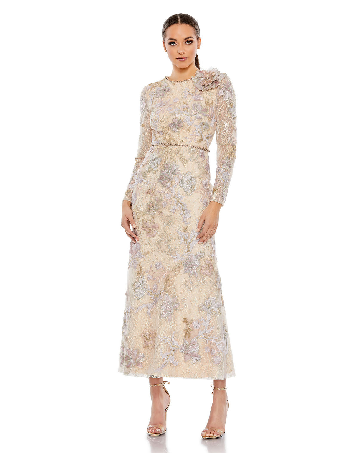 Formal Dresses Long Sleeve Flower Formal Prom Dress Nude