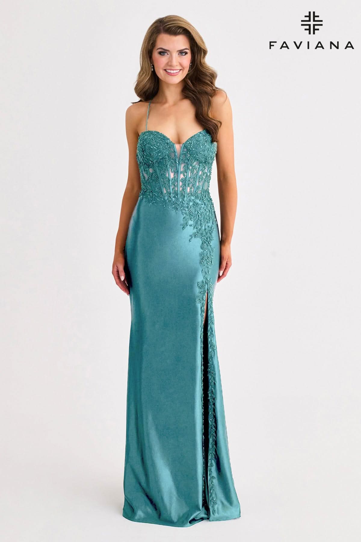Prom Dresses Lace Corset Beaded Prom Evening Dress Dark Pacific Blue