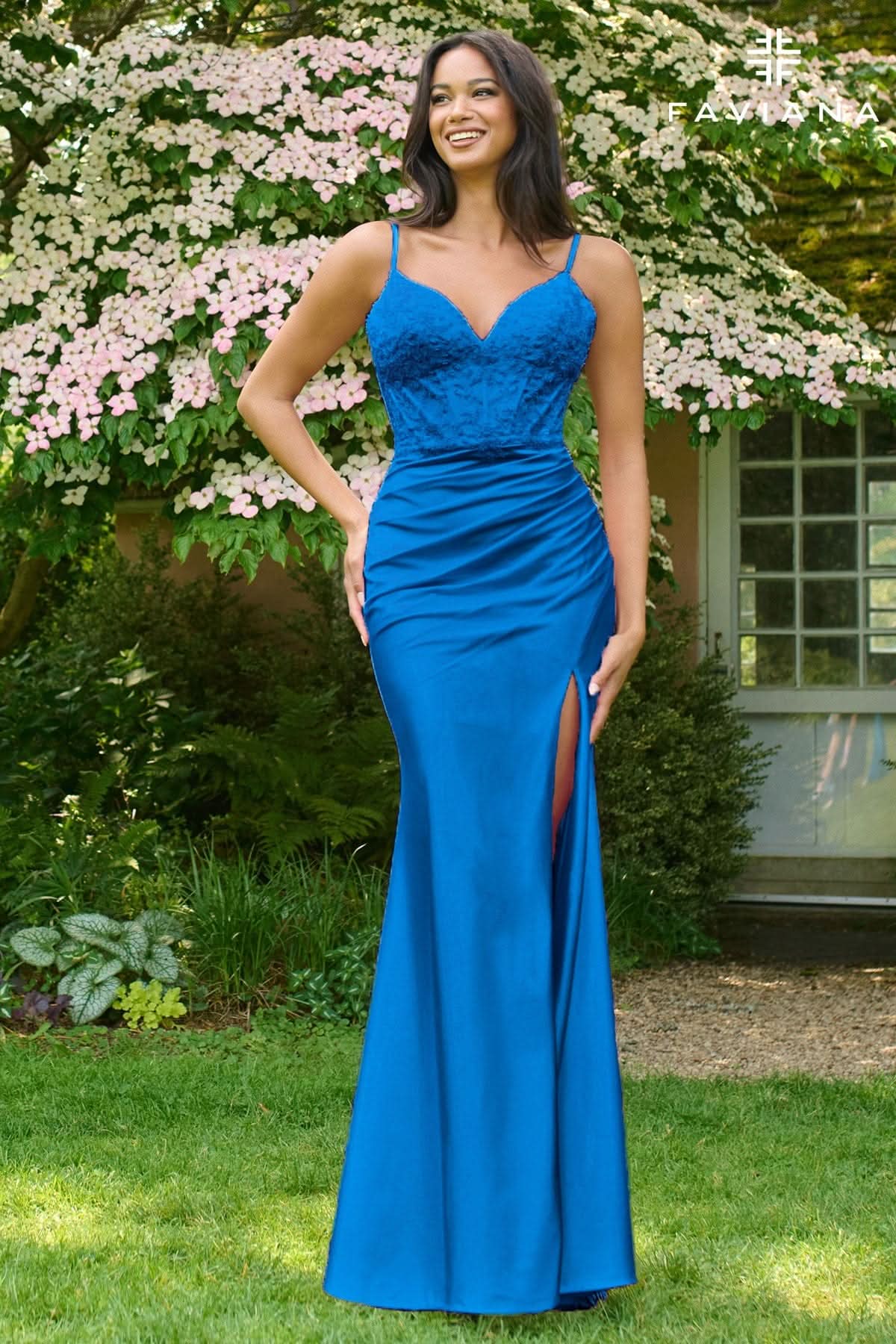 Prom Dresses Lace Applique Corset Prom Dress Ink Blue