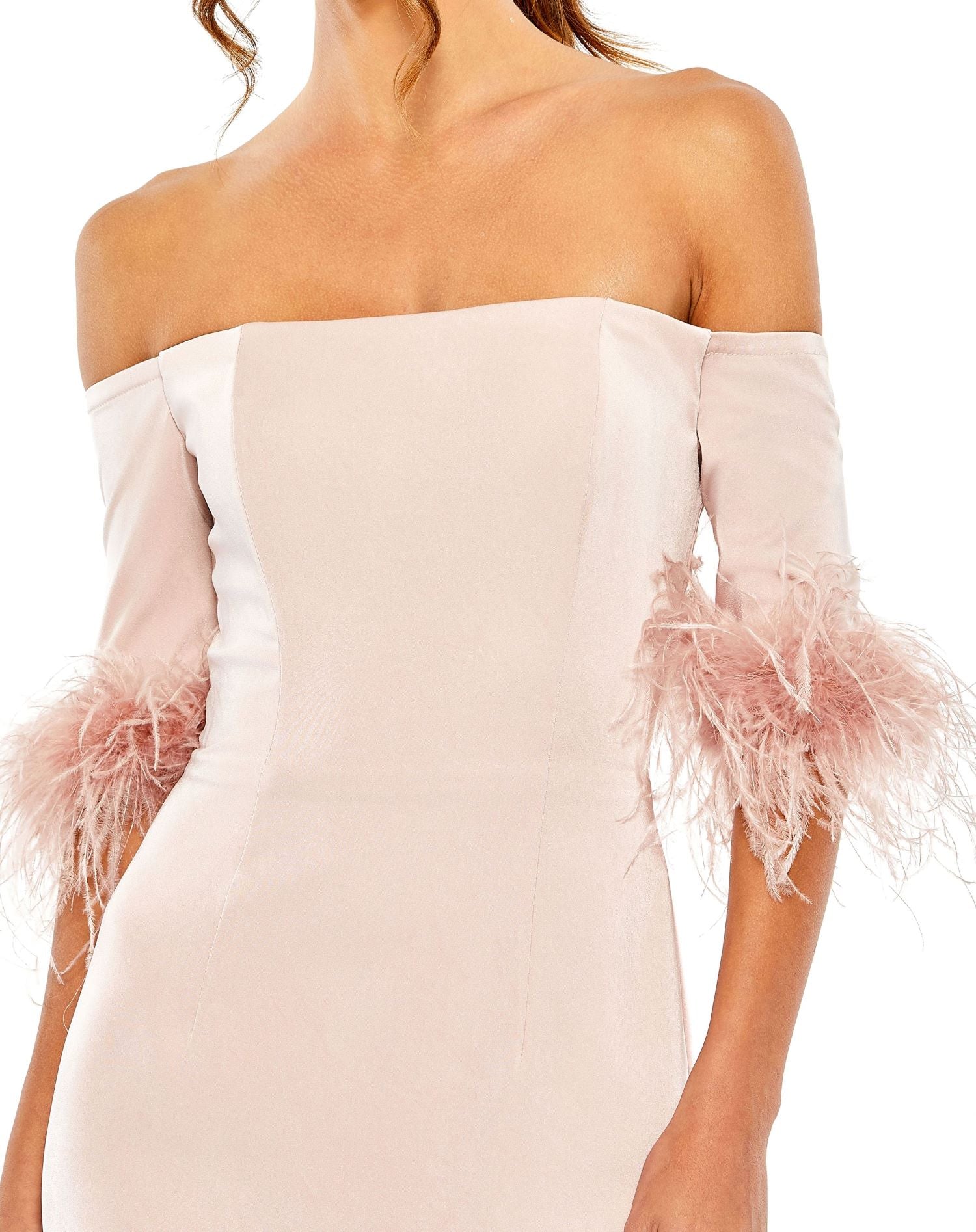 Prom Dresses Feather Trim Long Fitted Formal Prom Gown Blush