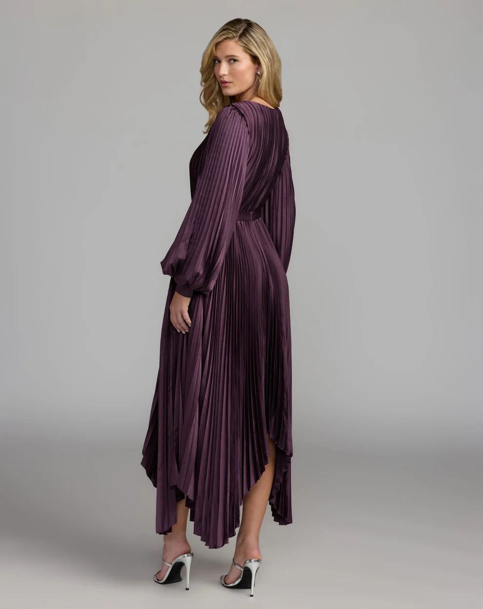 Plum High-Neck Midi SatinCocktail Pleated Dress Mac Duggal 9911638P
