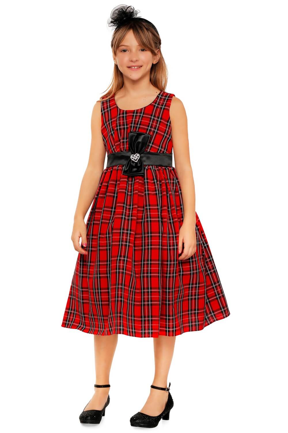 Red Scoop Neck Midi Plaid Special Occasion Dress with Rhinestone Brooch Sash Cinderella Couture 1168