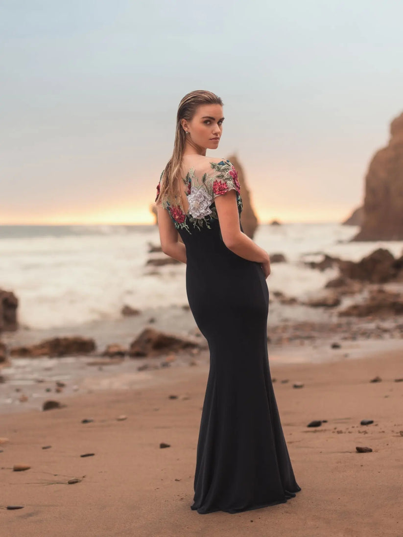 Formal Dresses Long Floral Fitted Formal Prom Dress Black Multi