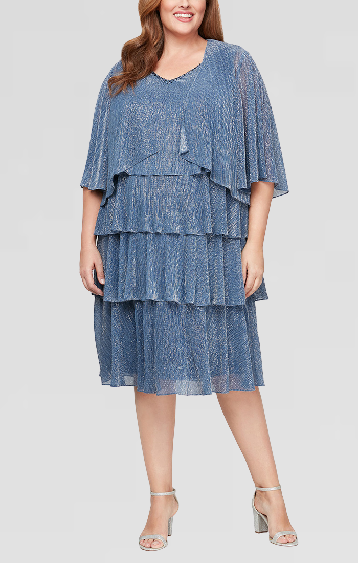 Wedgewood V-Neck Knee-Length Chiffon Dress with Embellished Waist and Sheer Capelet SL Fashions 9455236