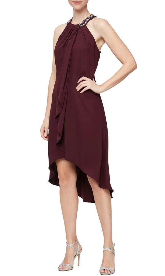 SL Fashions High Low Beaded Halter Dress 119005 - The Dress Outlet