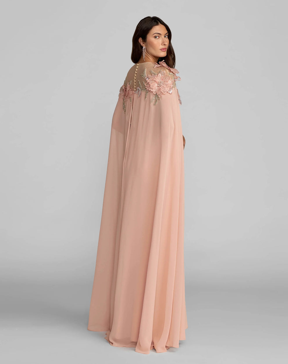 Blush Illusion Floor-Length Chiffon Formal Gown with 3D Floral Cape Sleeves Mac Duggal 11942
