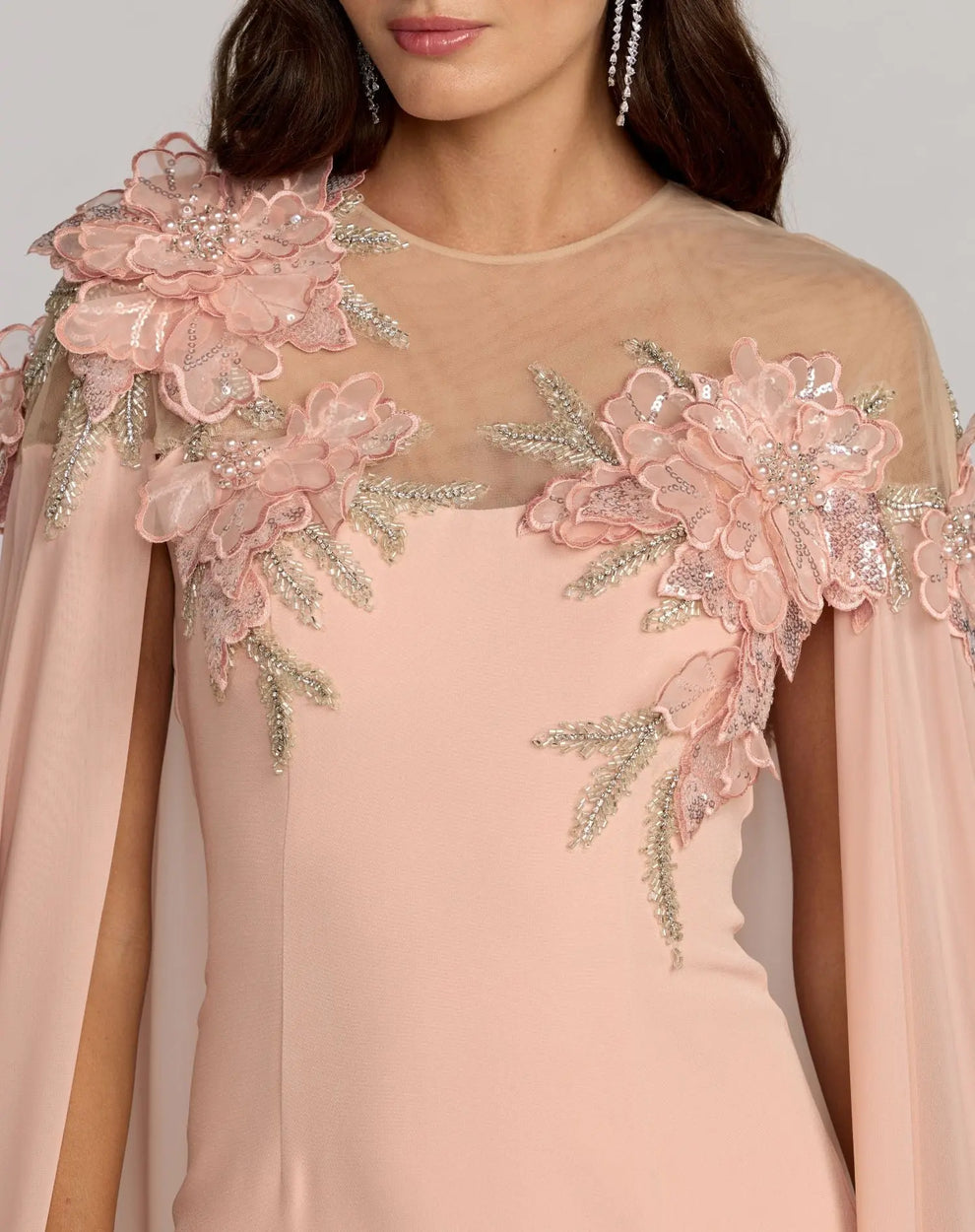 Blush Illusion Floor-Length Chiffon Formal Gown with 3D Floral Cape Sleeves Mac Duggal 11942
